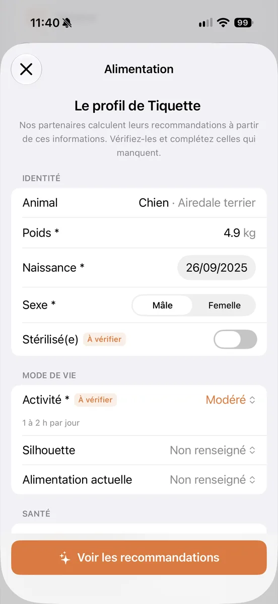 Profil de l'animal
