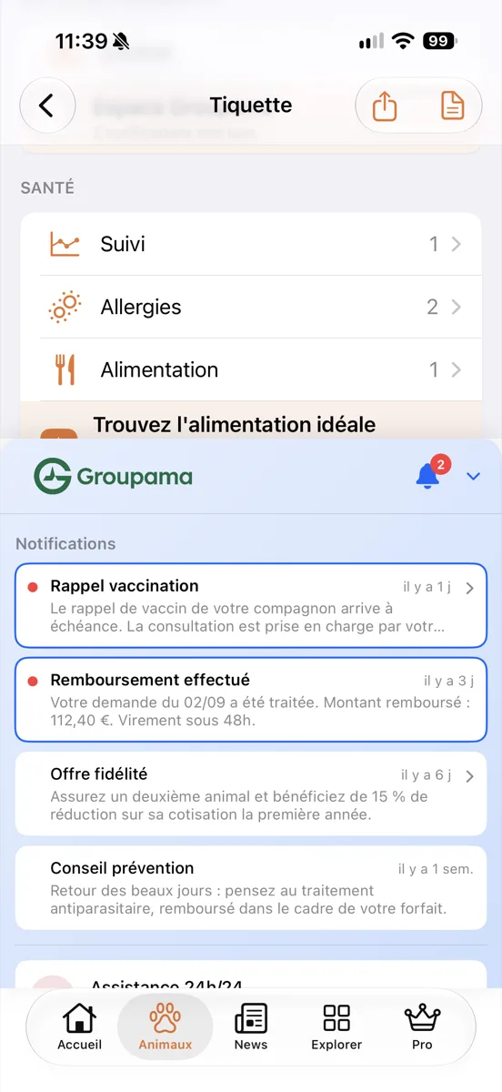 Notifications Groupama dépliées