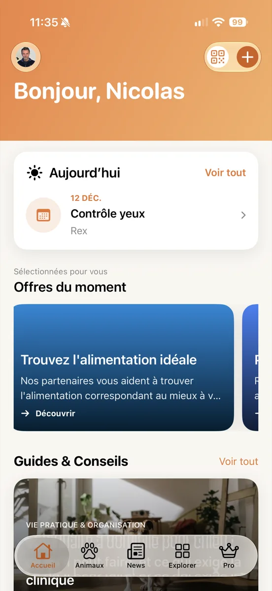 Écran d'accueil de l'application
