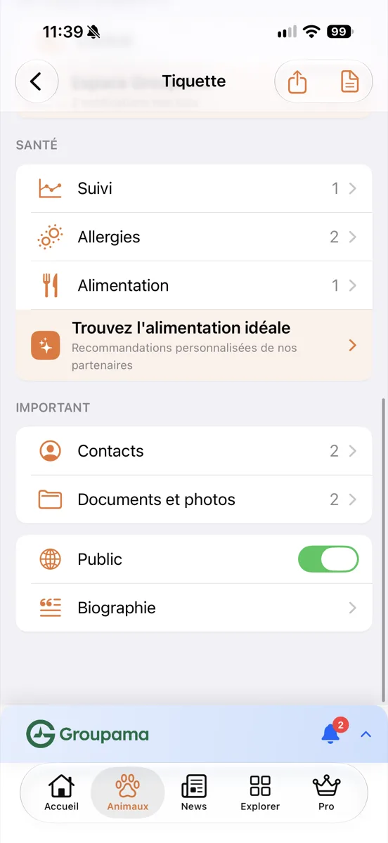 Sections Santé et Important de la fiche
