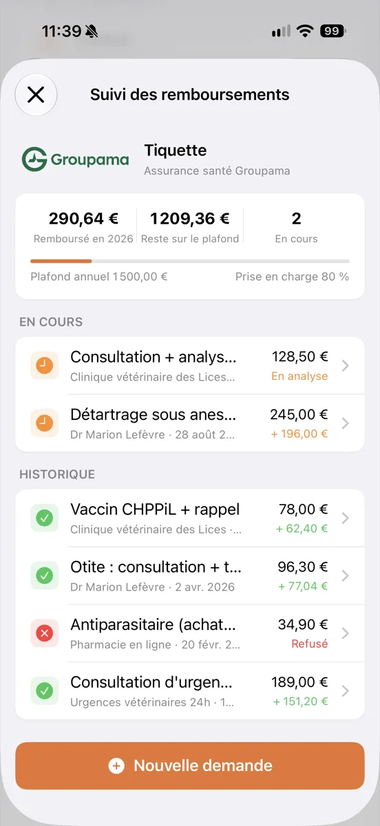 Écran Suivi des remboursements
